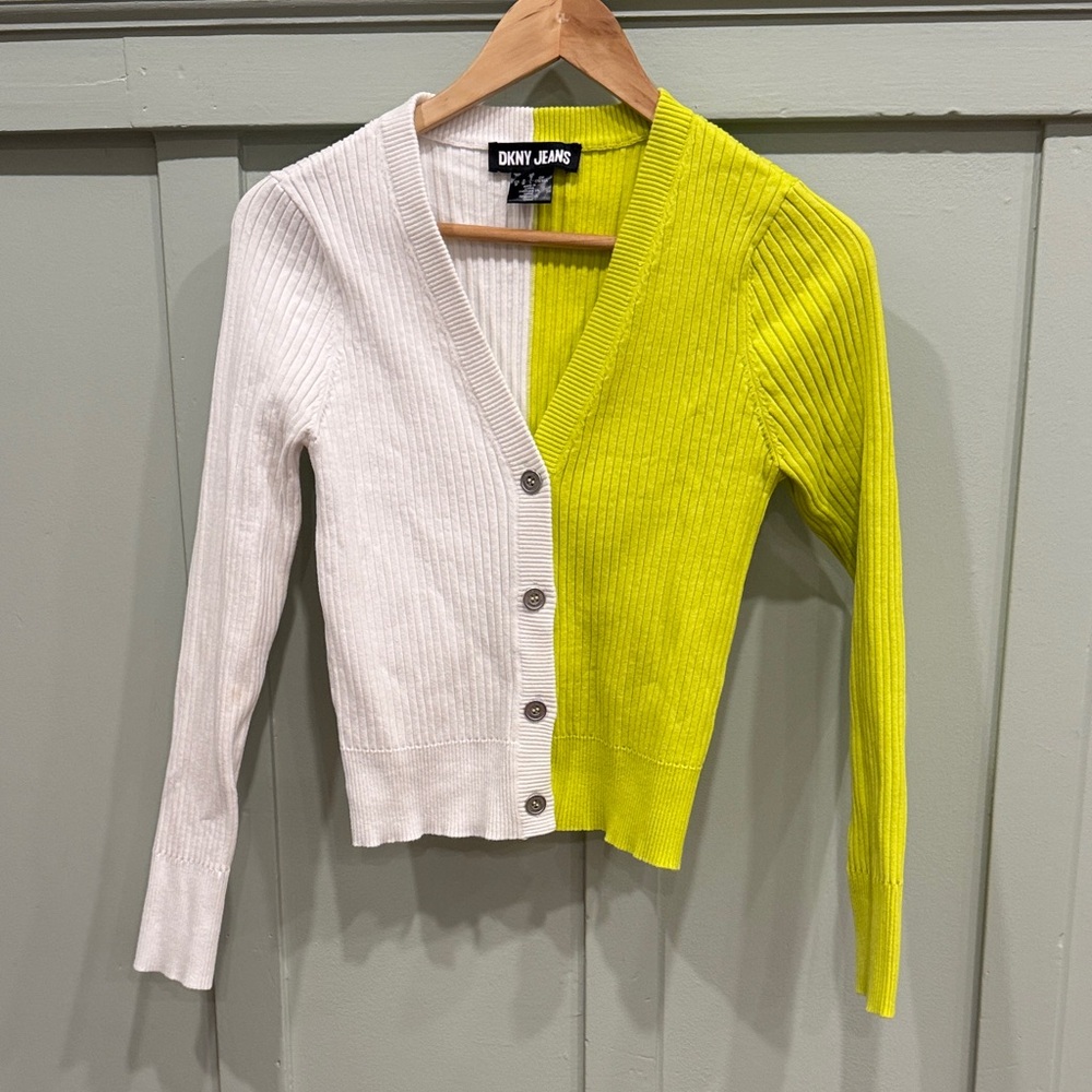 DKNY Women's Contrast Cardigan - White and Lime - Womens size small